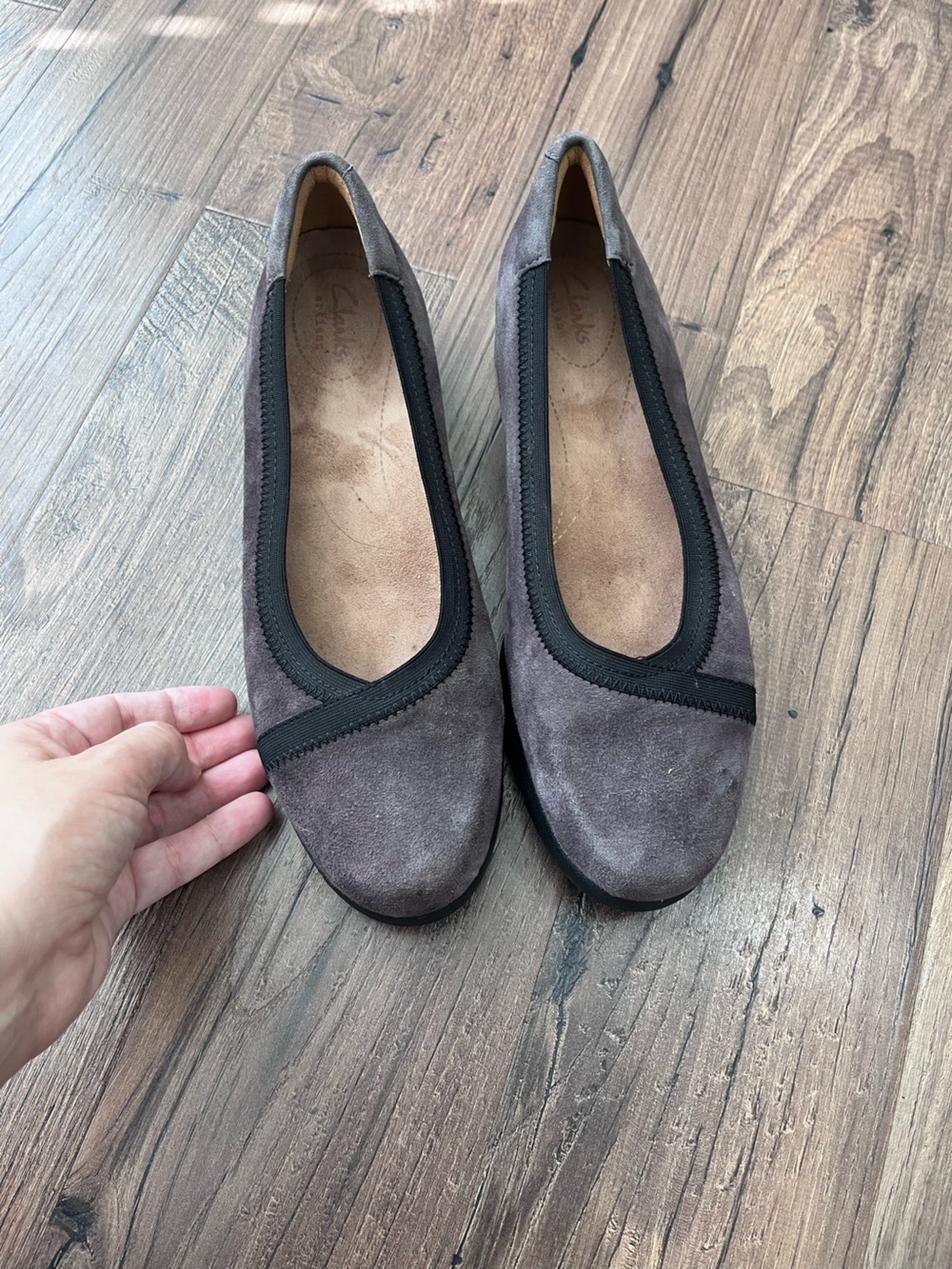 Clarks Taupe Suede Ballet Flats with Black Trim